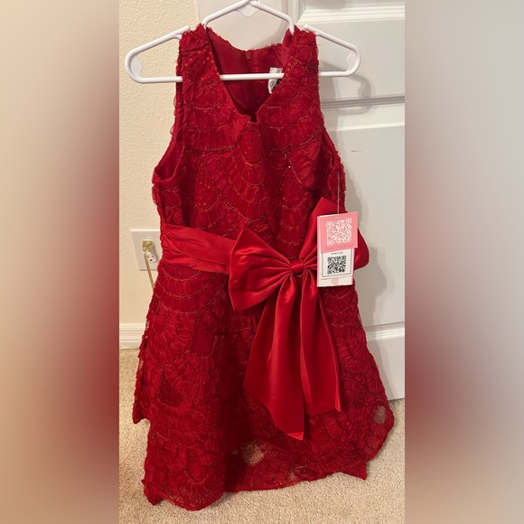 NWT Rare Editions Girl’s Red Sleeveless Lace Holiday Christmas Dress Bow Size 8 - Picture 2 of 8